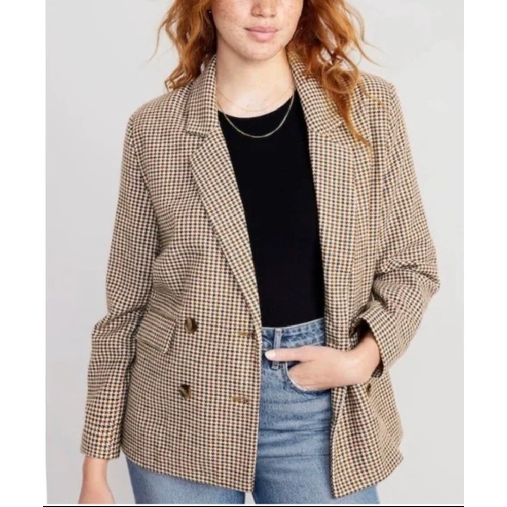 Old Navy Houndstooth‎ Double Breasted Boyfriend Blazer Jacket Size L Plaid Check